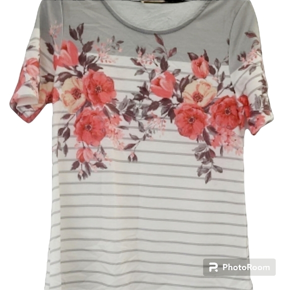12 PM MON AMI Orange & Grey floral Short Sleeve French terry Top Size Medium NWT - Picture 3 of 9